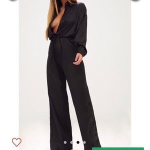 Black satin wide leg jumpsuit